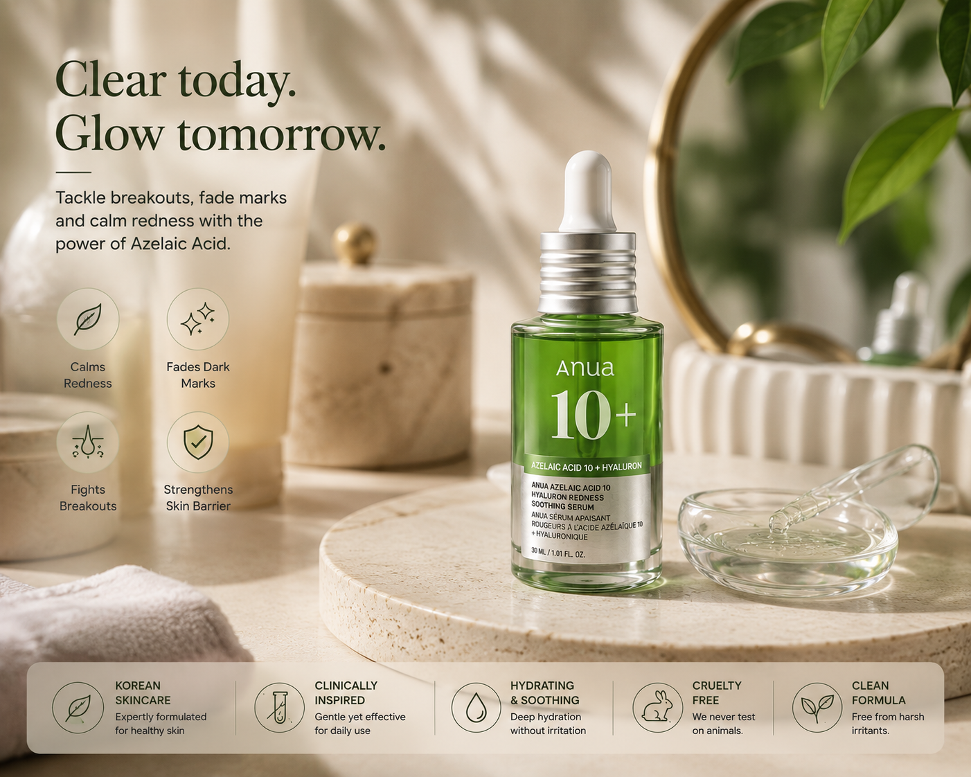 Premium lifestyle skincare image featuring Anua Azelaic Acid Serum in a luxury Korean beauty routine setting for clear glowing skin.