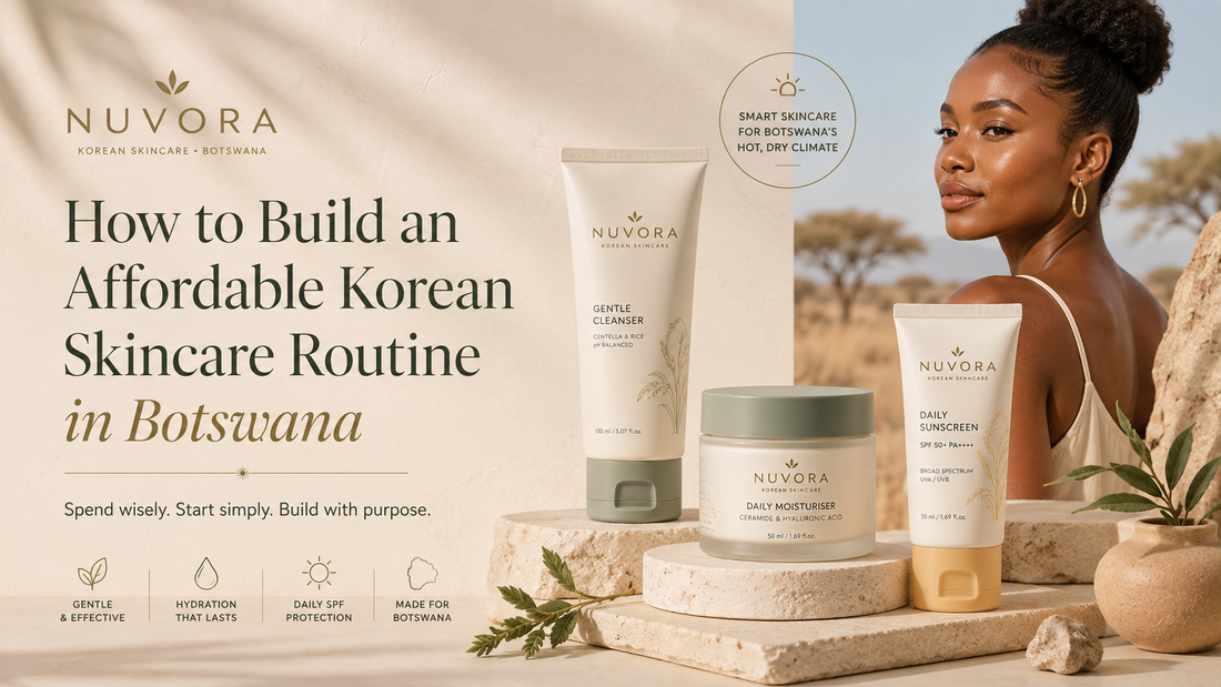Premium hero banner featuring a Black Botswana woman with a simple Korean skincare routine of cleanser, moisturiser and sunscreen, designed for affordable skincare in Botswana.