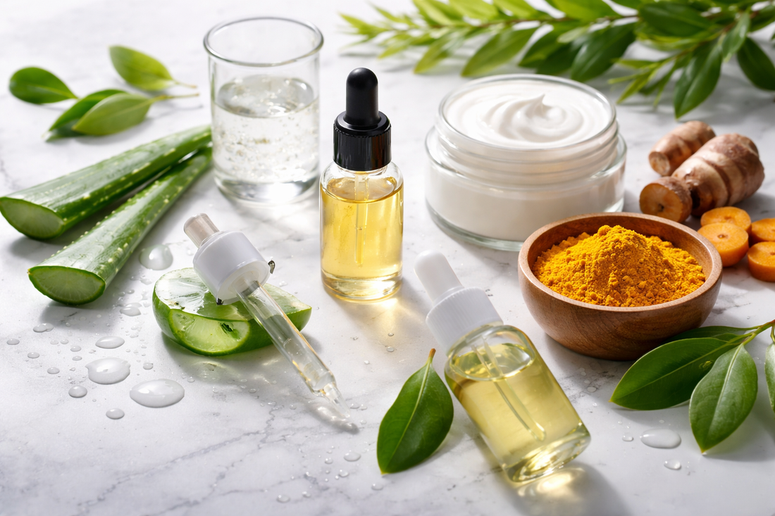  “Hydrating skincare ingredients for dry skin including hyaluronic acid serum, aloe vera, turmeric, and moisturizer for healthy glowing skin”