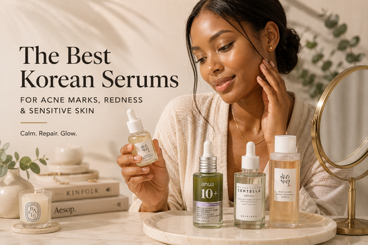  Motswana woman with clear glowing skin using Korean serums for acne marks, redness and sensitive skin in a luxury skincare lifestyle setting.
