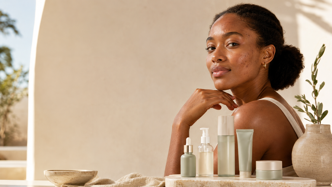  Premium hero image featuring a Black Botswana woman with natural acne-prone skin alongside gentle Korean skincare products in a warm neutral setting.
