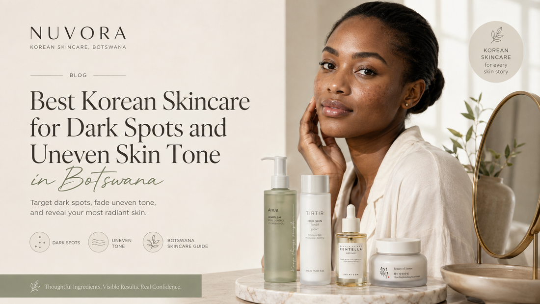 Premium hero image featuring a Black Botswana woman with visible dark spots alongside Korean skincare products for a guide to treating dark spots and uneven skin tone in Botswana.