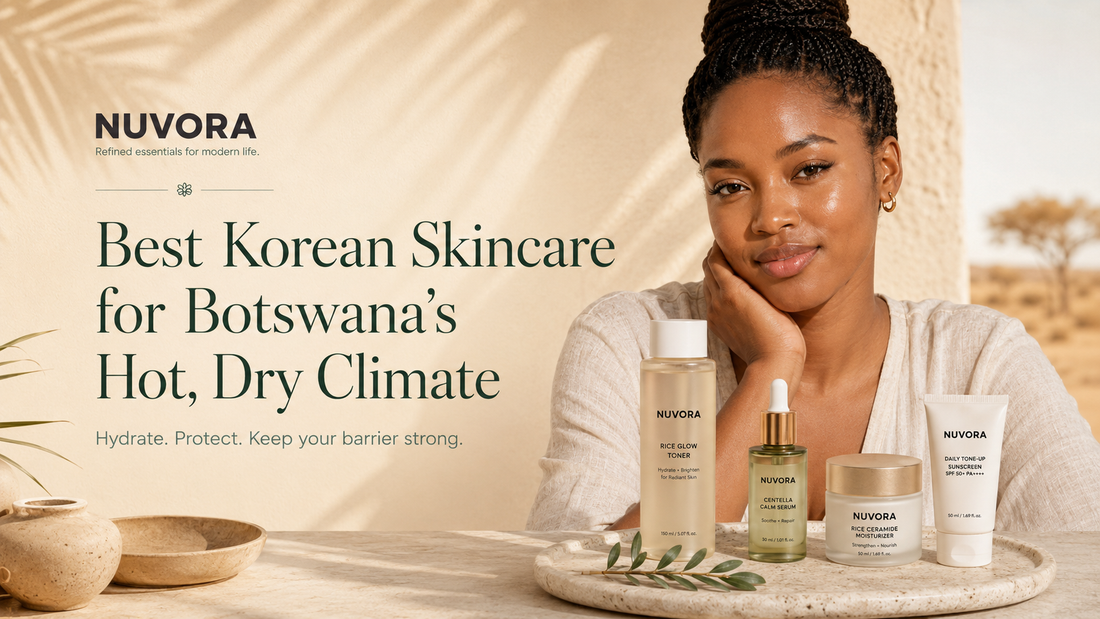  Premium hero banner for Best Korean Skincare Products for Botswana’s Hot, Dry Climate featuring elegant skincare products in a warm, sunlit setting.