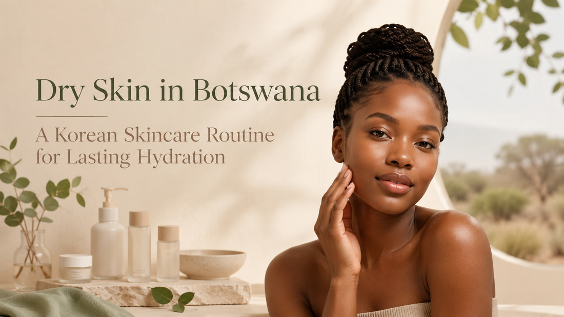 Premium hero banner showing a Black woman with healthy glowing skin beside Korean skincare products, introducing a dry skin routine for lasting hydration in Botswana.