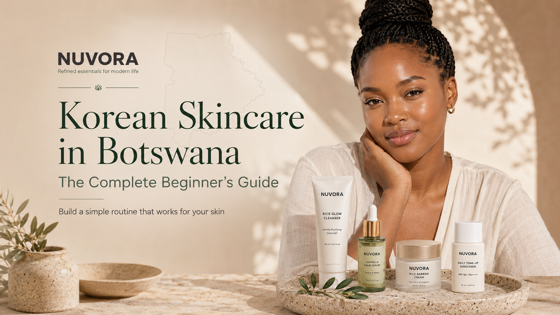 Black Botswana woman beside a simple Korean skincare routine with cleanser, serum, moisturiser and sunscreen for beginners.