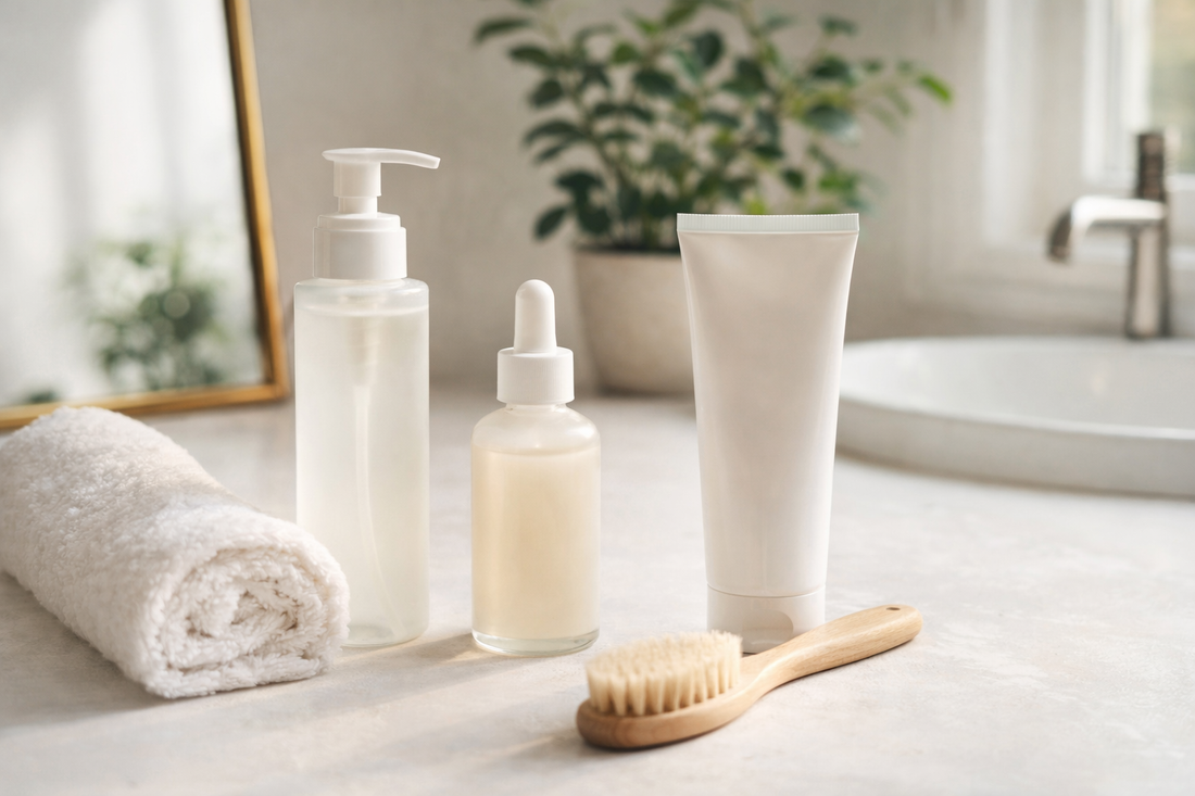 Minimal skincare routine setup with cleanser, serum and moisturizer for busy people seeking clear, healthy and glowing skin