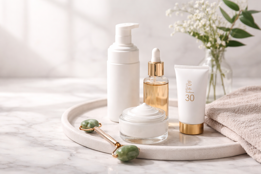 Minimal skincare routine with cleanser, serum, moisturizer and sunscreen on marble surface