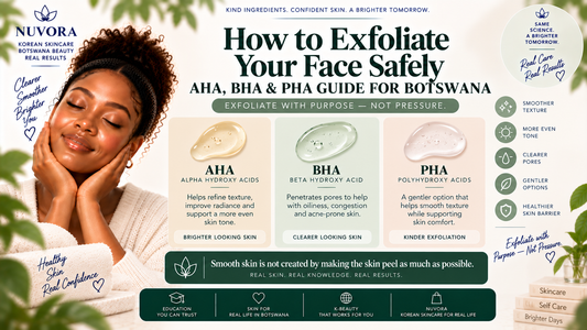 Nuvora guide to safe facial exfoliation with AHA, BHA and PHA, explaining their roles for skin texture, pores and uneven tone in Botswana.