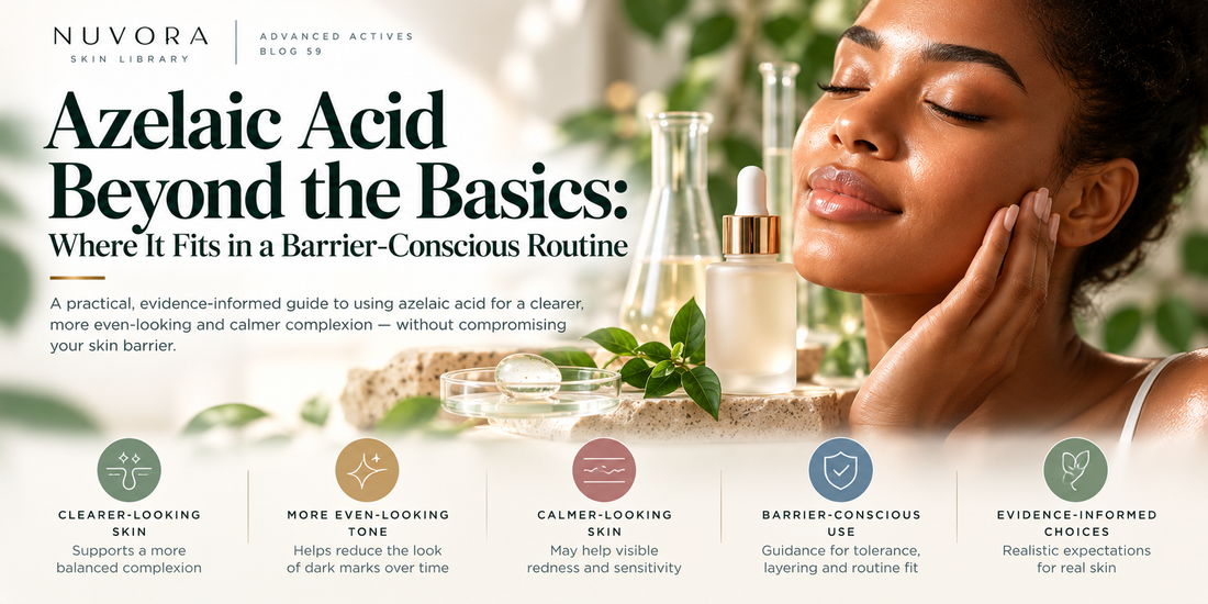 Nuvora Skin Library guide to azelaic acid in a barrier-conscious skincare routine for breakouts, dark marks, visible redness and more even-looking skin.