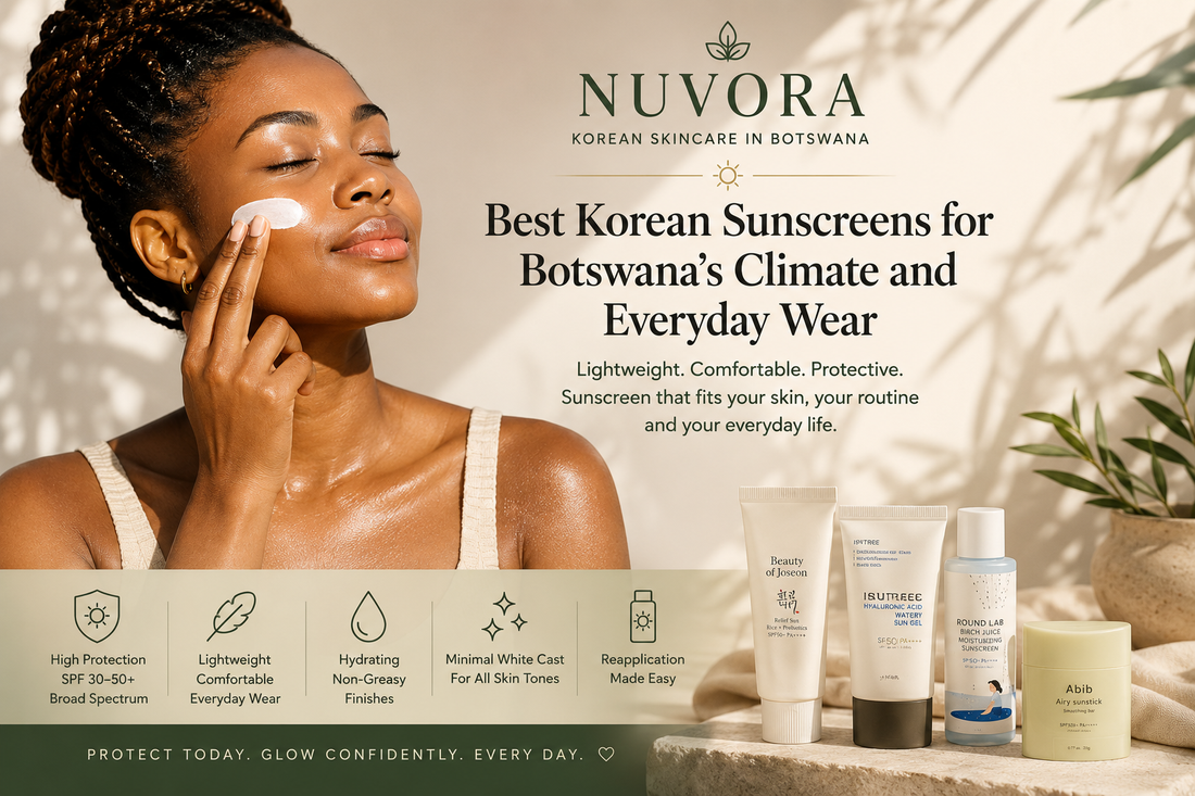  Best Korean sunscreens for Botswana climate and everyday wear, featuring a Black woman applying sunscreen and lightweight SPF options.