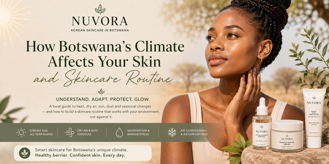 Nuvora hero banner showing how Botswana’s climate, including strong sun, dry air, dust and indoor dryness, can affect skin and a Korean skincare routine.
