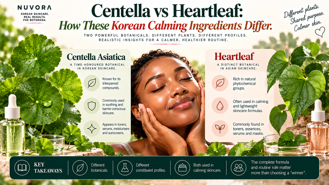 Nuvora guide comparing Centella asiatica and Heartleaf in Korean skincare, explaining their different botanical profiles and supportive roles in calming skincare routines.