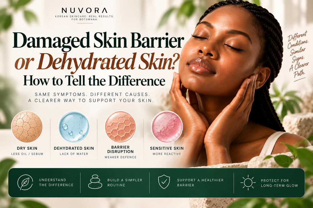 Nuvora guide comparing damaged skin barrier and dehydrated skin, with differences between dry, dehydrated, barrier-disrupted and sensitive skin to help build a supportive Korean skincare routine.