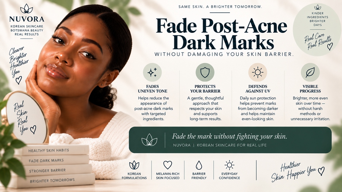 Nuvora guide to fading post-acne dark marks while protecting the skin barrier, with gentle Korean skincare guidance for melanin-rich skin in Botswana.