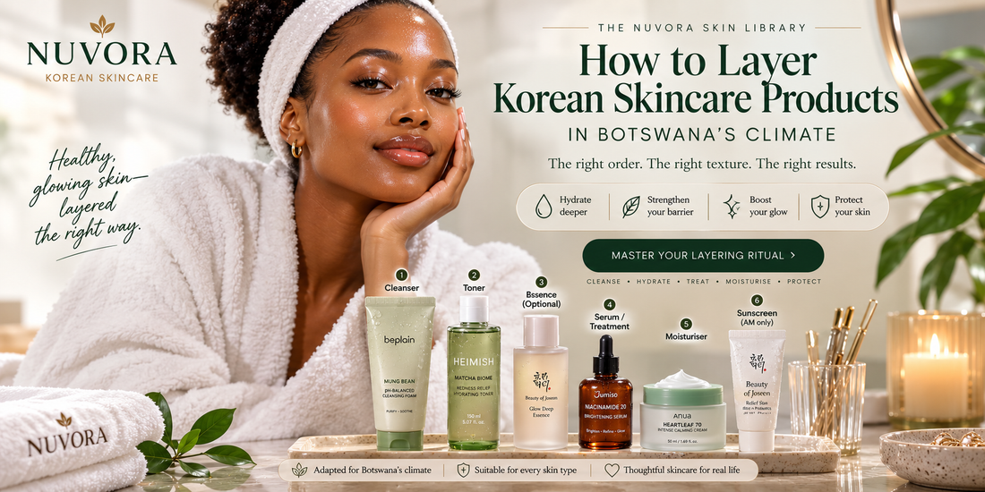 How to layer Korean skincare products in Botswana’s climate with cleanser, toner, essence, serum, moisturiser and sunscreen