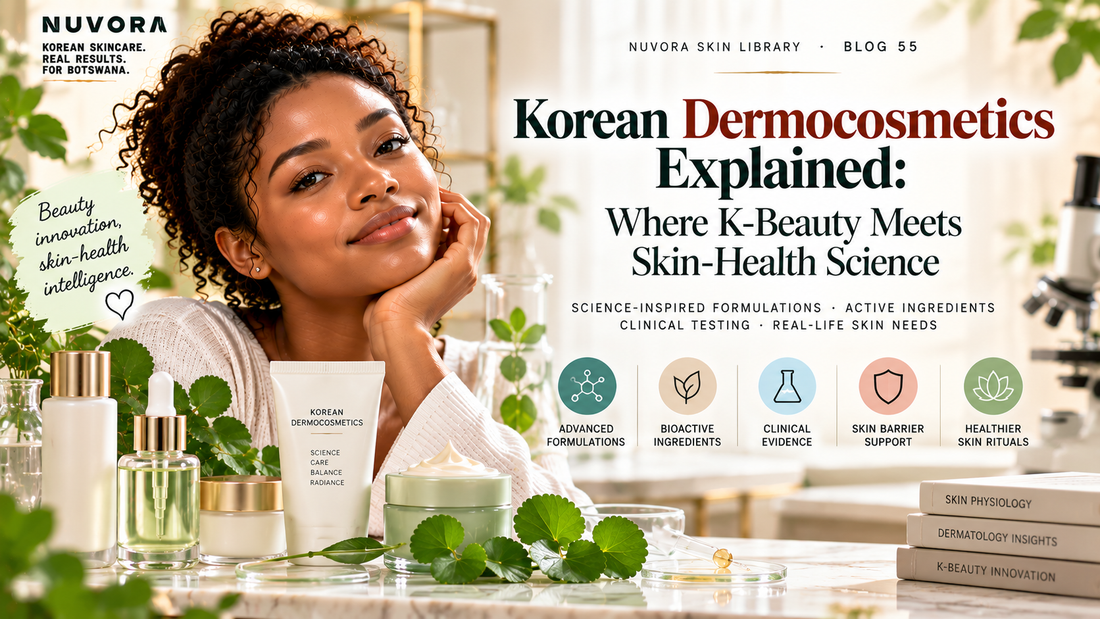 Nuvora hero banner introducing Korean dermocosmetics and the intersection of K-beauty, advanced formulations, active ingredients, clinical evidence and skin-health science.