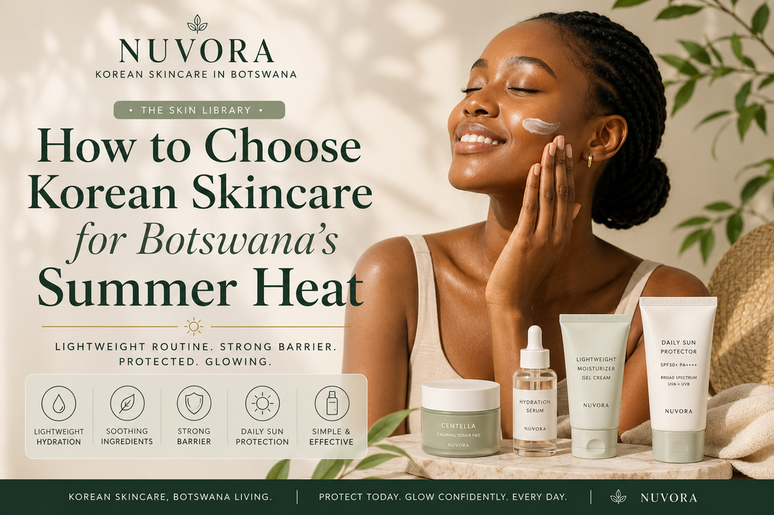  Black Botswana woman applying skincare with lightweight Korean skincare products for Botswana’s summer heat, featuring hydration, barrier support and daily sun protection.