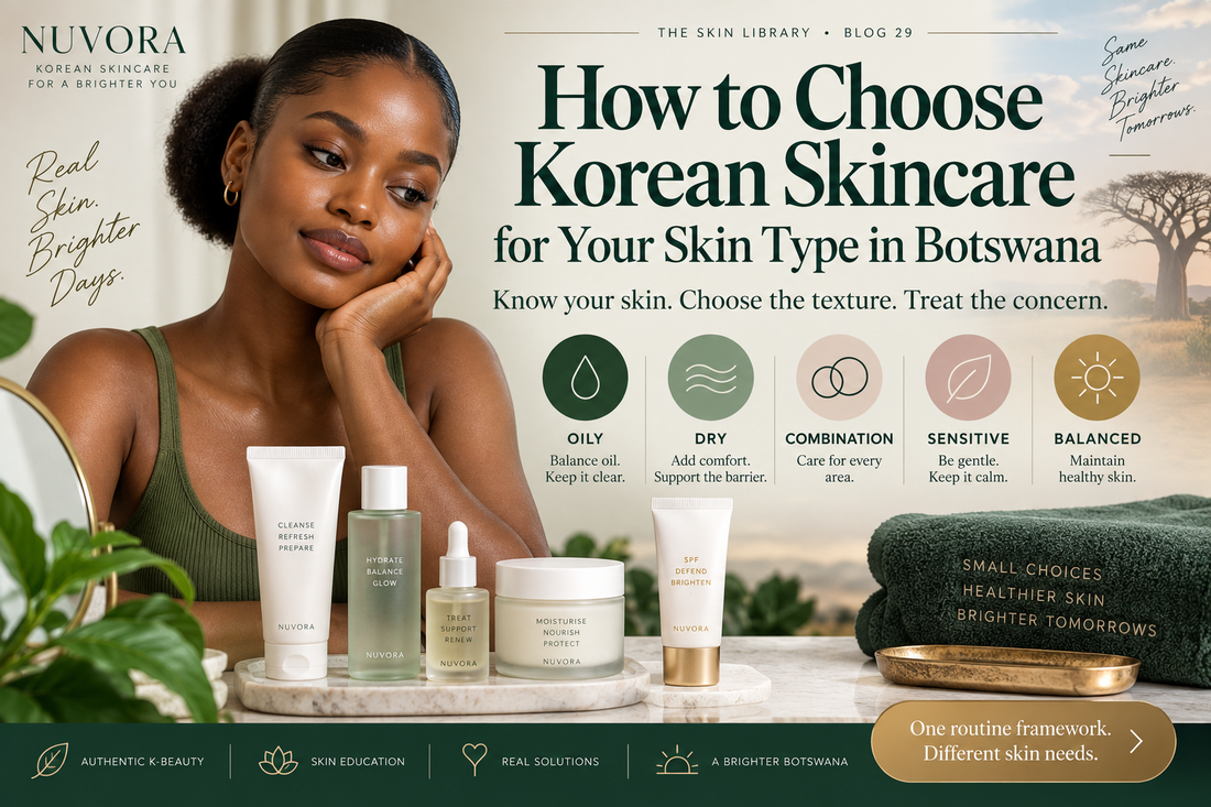 Korean skincare guide for Botswana showing how to choose products for oily, dry, combination, sensitive and balanced skin types, with simple routines and skin-focused product choices.