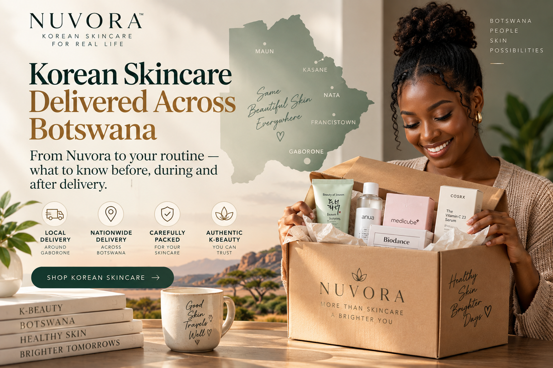Nuvora Korean skincare delivery across Botswana featuring a customer receiving a carefully packed Nuvora skincare order, with a Botswana map representing local Gaborone and nationwide delivery.