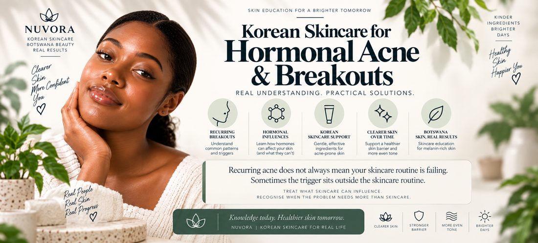 Nuvora Korean skincare guide for hormonal acne and recurring breakouts in Botswana, covering hormonal influences, barrier support and melanin-rich skin.