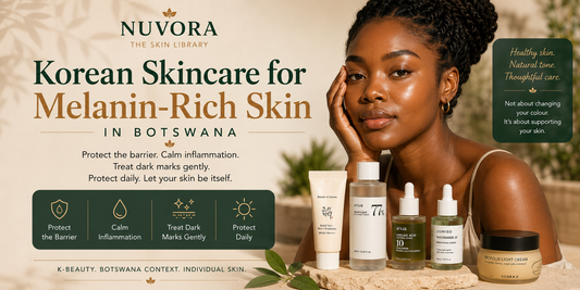 Korean skincare for melanin-rich skin in Botswana guide featuring barrier care, gentle dark mark treatment, hydration and daily sun protection for healthy natural skin