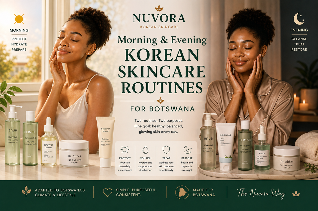 Morning and evening Korean skincare routines for Botswana showing daytime protection and hydration with nighttime cleansing, treatment and barrier restoration