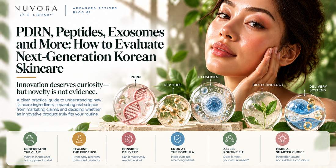 Nuvora Skin Library guide to evaluating next-generation Korean skincare ingredients including PDRN, peptides, exosomes, biotechnology and advanced delivery systems.