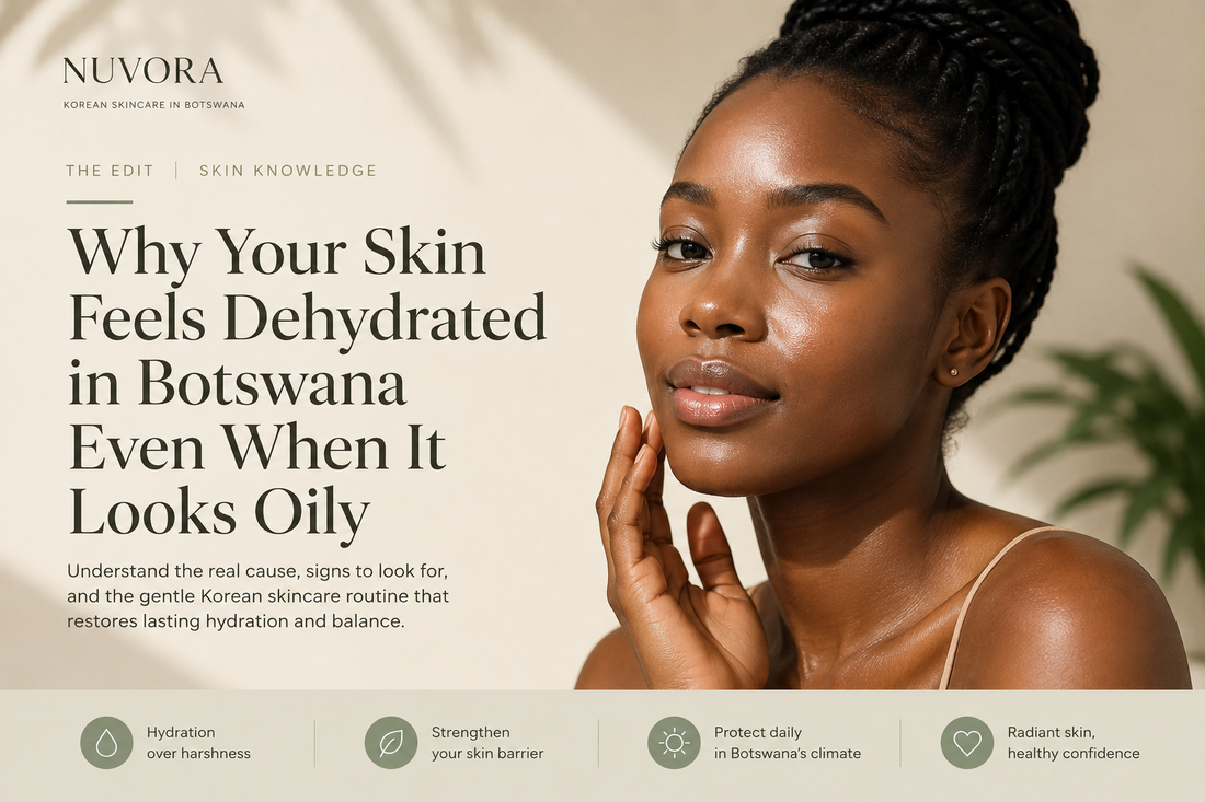 Botswana woman with radiant skin illustrating oily dehydrated skin and gentle Korean skincare hydration by Nuvora.