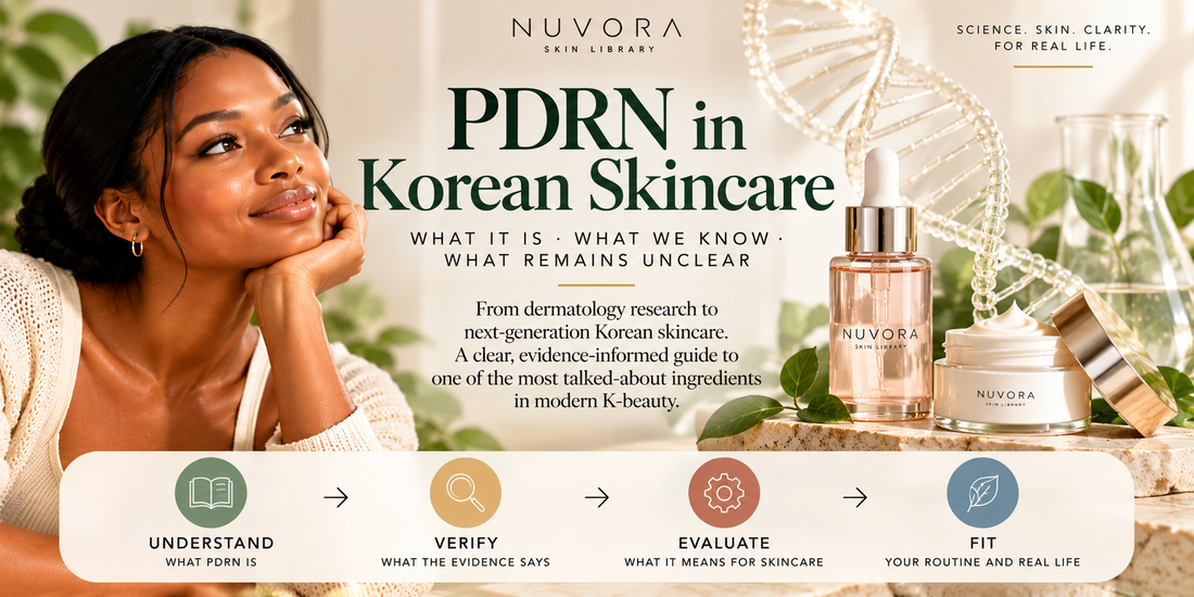 Nuvora Skin Library guide to PDRN in Korean skincare, exploring what PDRN is, what the evidence shows and what remains unclear about topical skincare use.