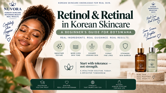 Nuvora beginner’s guide to retinol and retinal in Korean skincare, highlighting skin texture, uneven tone, fine lines and a tolerance-first approach for Botswana.