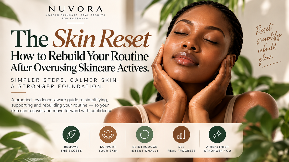 Nuvora Skin Reset guide to simplifying and rebuilding a skincare routine after overusing active ingredients, with a barrier-supportive approach to calmer, healthier skin.