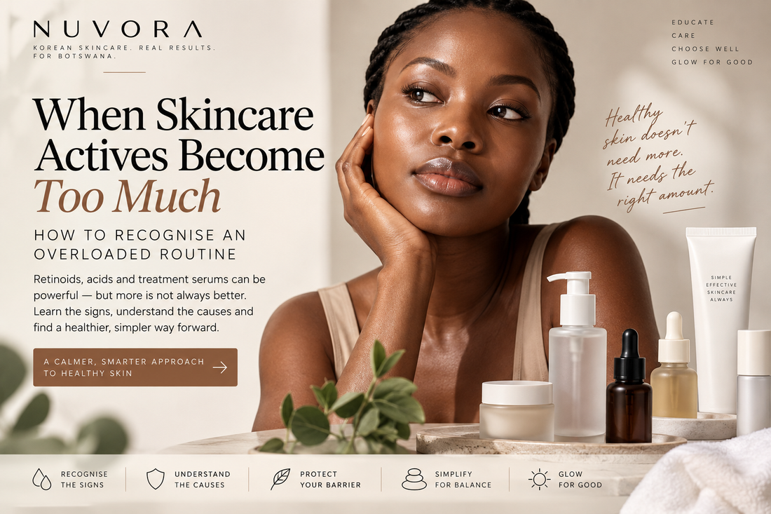 Nuvora guide to recognising skincare active overload, featuring a Black woman and Korean skincare products with advice on building a calmer, barrier-conscious routine.