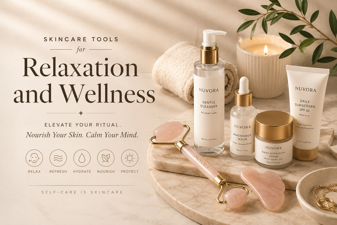 Luxury beige skincare wellness flat lay featuring Nuvora cleanser, serum, hydration cream, sunscreen, rose quartz facial roller, and gua sha tools with the headline “Skincare Tools for Relaxation and Wellness” in a premium editorial spa aesthetic.