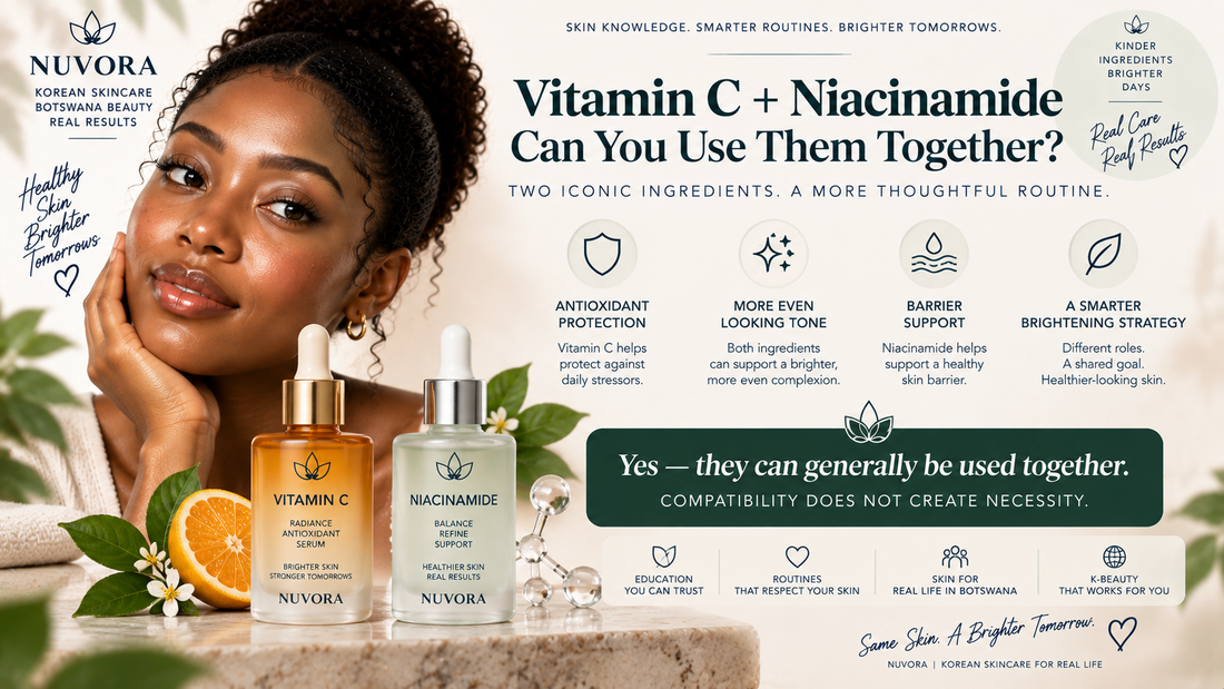 Nuvora guide to using vitamin C and niacinamide together in a Korean skincare routine, highlighting antioxidant, uneven-tone and skin barrier support.