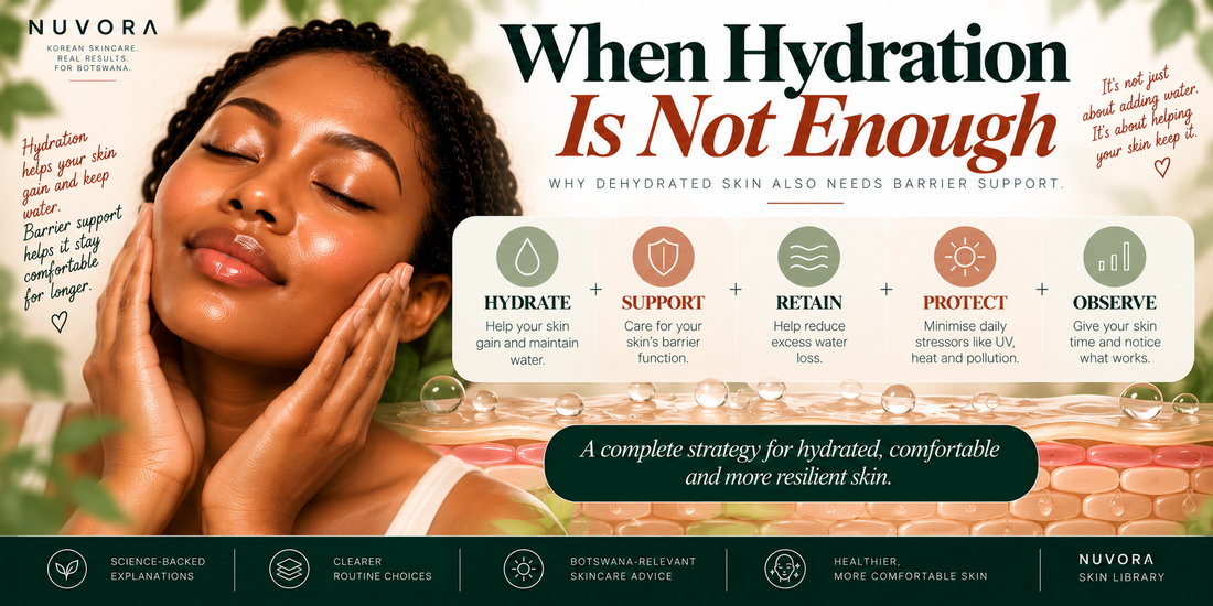 Nuvora guide explaining why dehydrated skin needs both hydration and barrier support, using a hydrate, support, retain, protect and observe skincare framework.