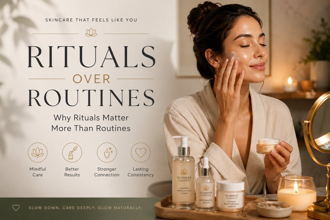 Woman applying skincare cream during a calming nighttime beauty ritual with luxury skincare products and the text “Rituals Over Routines” in a premium wellness setting.