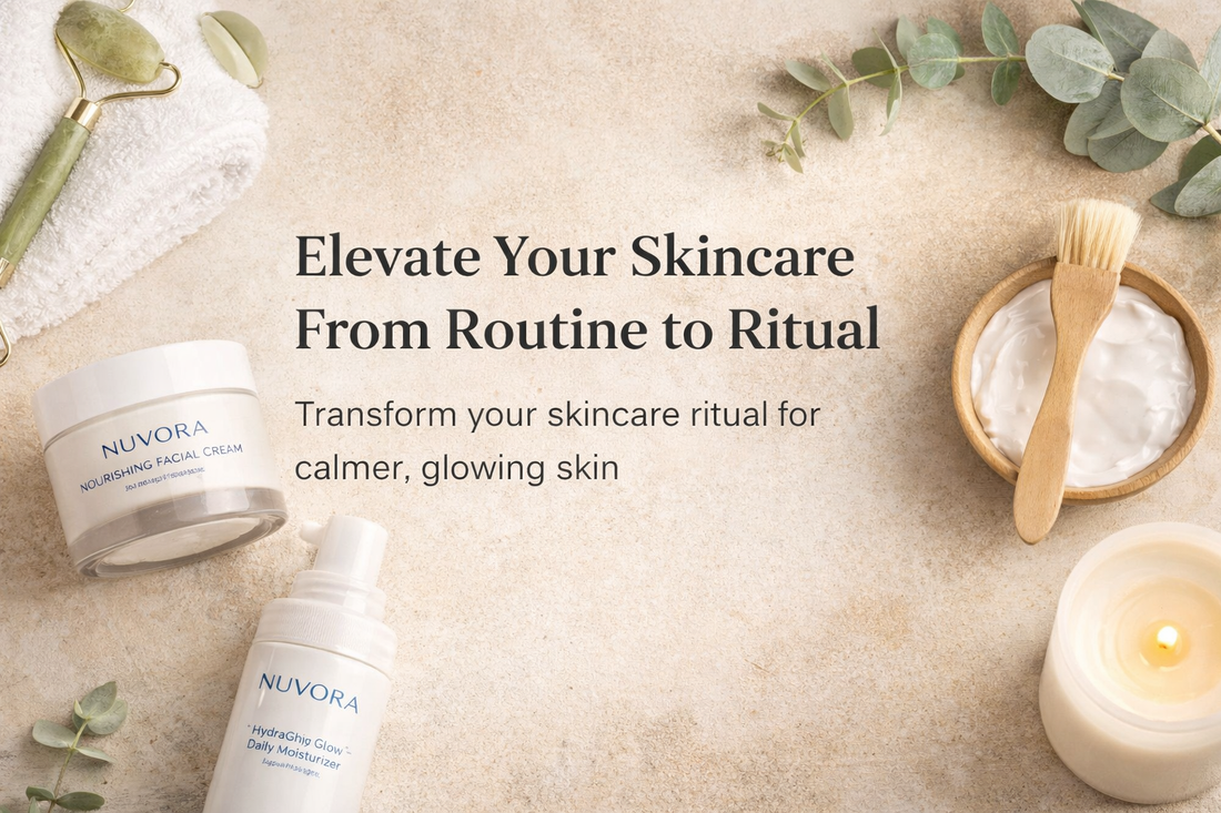  Luxury skincare ritual setup with moisturizer, facial cream, jade roller, and mask illustrating the transition from routine to ritual for healthy glowing skin
