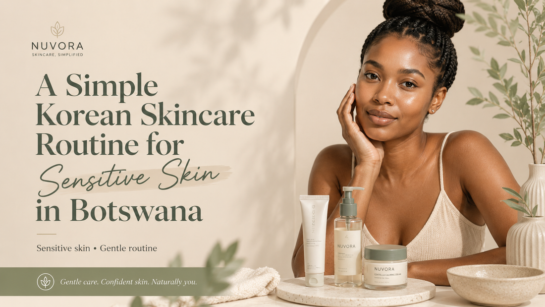  Premium Nuvora hero banner showing a woman with glowing skin beside skincare products, illustrating a simple Korean skincare routine for sensitive skin in Botswana.