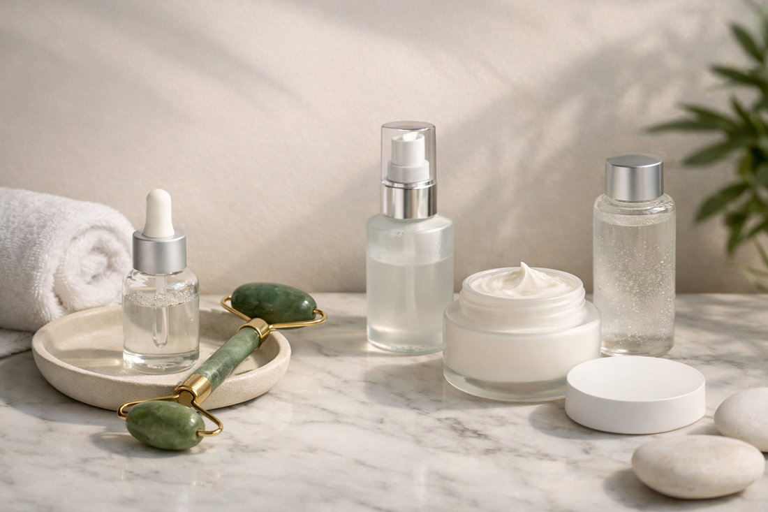“Simple skincare routine setup with facial roller, serum, cleanser and moisturizer on a clean marble surface”