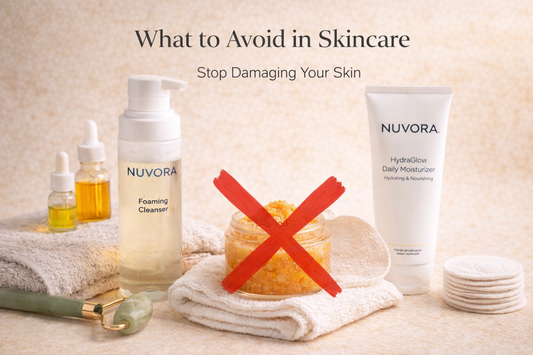 What to avoid in skincare image showing harsh facial scrub crossed out with Nuvora cleanser, hydrating moisturizer, jade roller and gentle skincare routine for healthy glowing skin