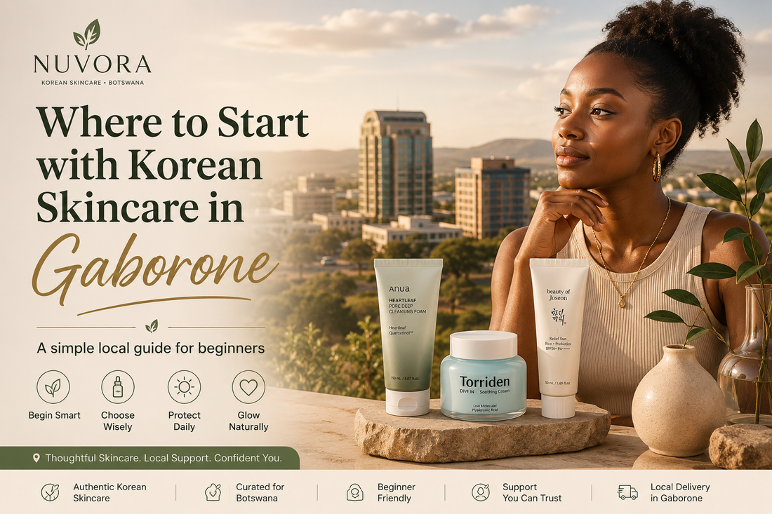 Premium hero banner featuring a Black Botswana woman, Korean skincare essentials and a Gaborone city backdrop for a beginner’s local skincare guide.