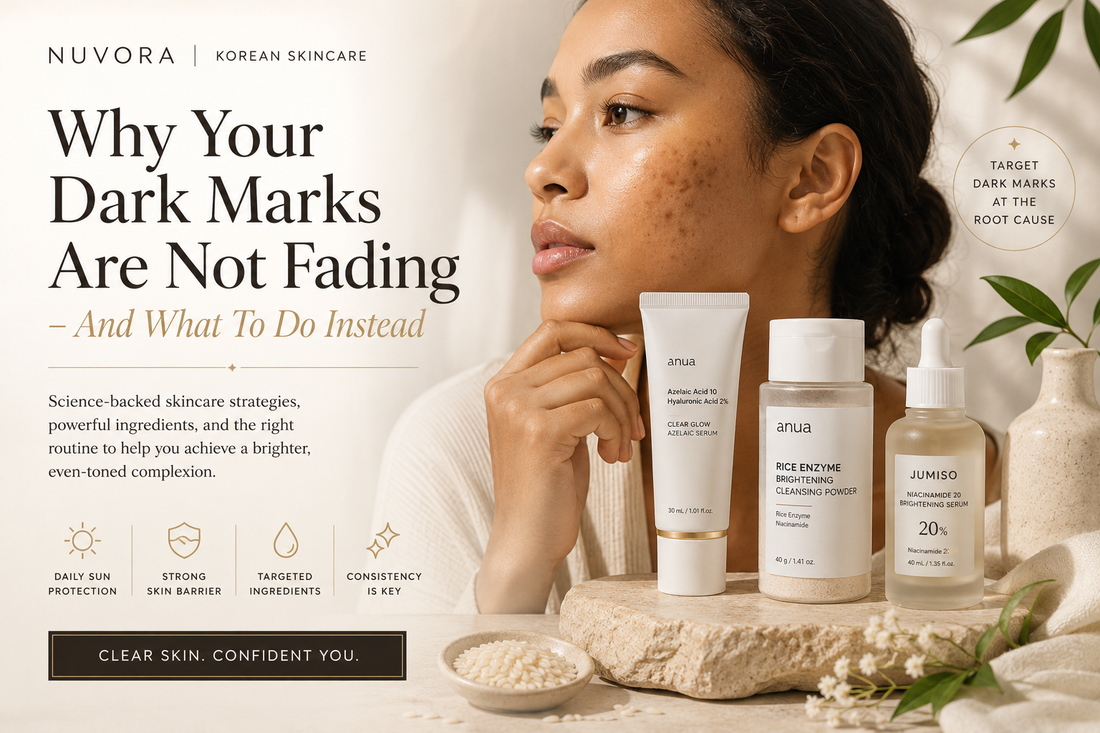  Woman with hyperpigmentation and dark marks using Korean skincare products including azelaic acid, rice enzyme cleanser, and niacinamide serum for brighter, even-toned skin.