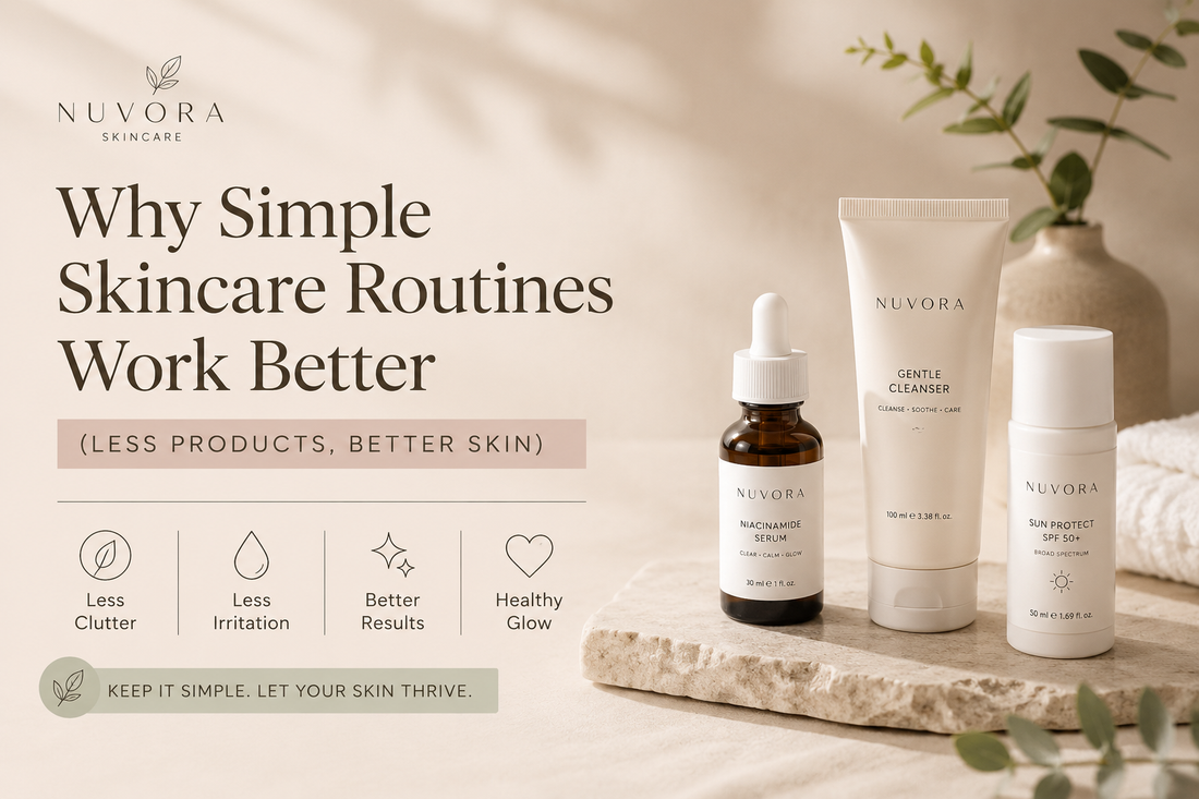 Minimal beige skincare blog banner featuring simple skincare products and the text “Why Simple Skincare Routines Work Better (Less Products, Better Skin)” promoting gentle minimalist skincare for healthy glowing skin.