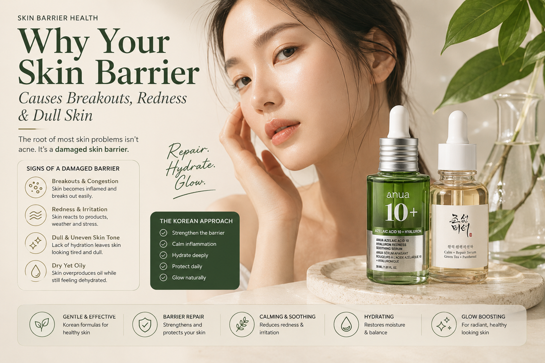 Woman with glowing healthy skin beside Korean skincare serums illustrating skin barrier repair, hydration and redness relief using modern K-beauty products.