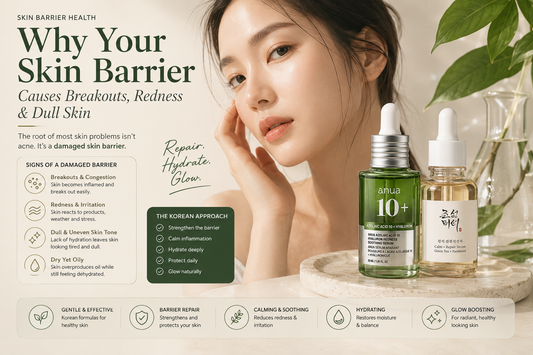 Woman with glowing healthy skin beside Korean skincare serums illustrating skin barrier repair, hydration and redness relief using modern K-beauty products.