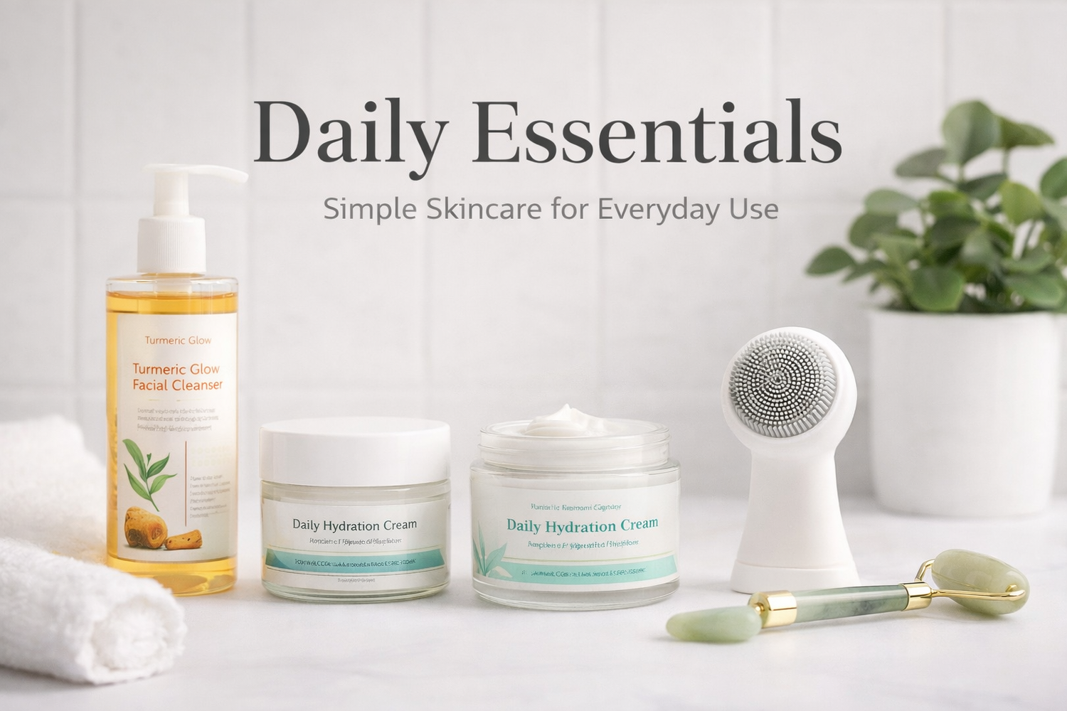 Daily essentials skincare routine with cleanser, moisturizer and facial tools for hydrated healthy skin