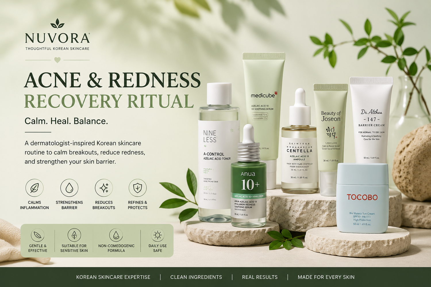 Nuvora Acne & Redness Recovery Ritual collection banner featuring Korean skincare products for calming breakouts, reducing redness, repairing the skin barrier, and supporting sensitive acne-prone skin.