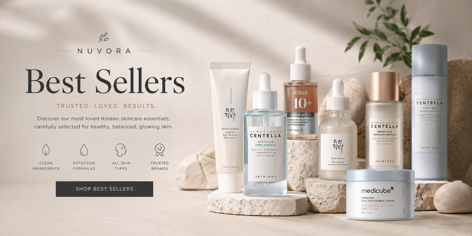 Nuvora Best Sellers collection featuring premium Korean skincare products including serums, sunscreen, barrier repair treatments, hydration essentials, and glass skin products for healthy glowing skin in Botswana.