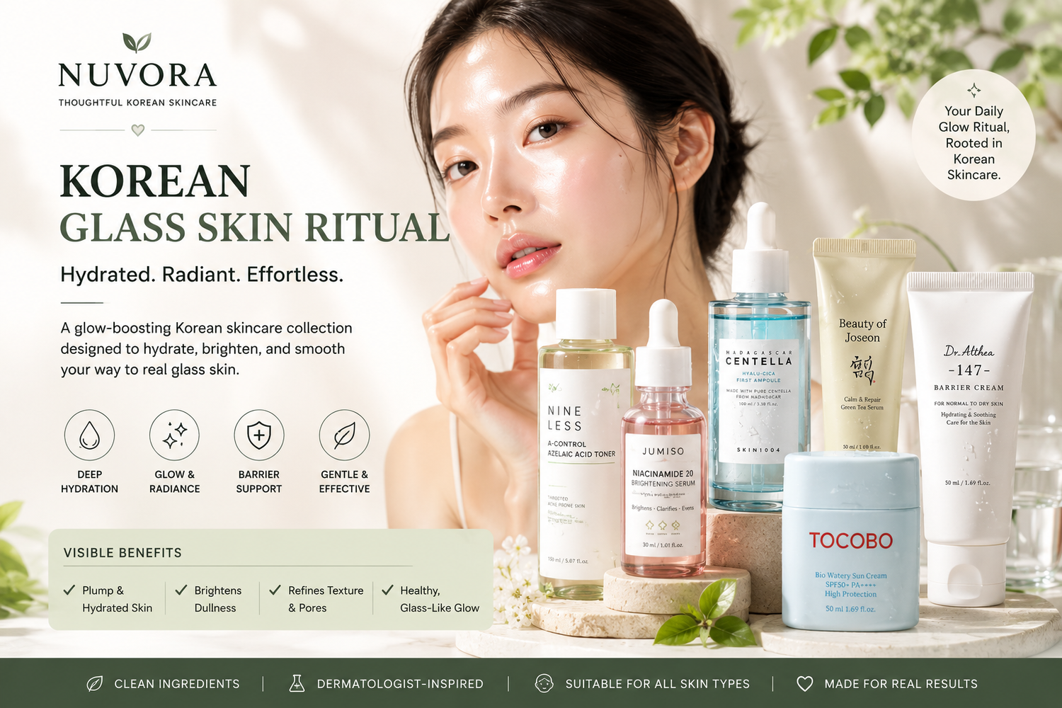 Nuvora Korean Glass Skin Ritual skincare collection with hydrating toner, niacinamide serum, centella ampoule, barrier cream and SPF sunscreen for radiant glowing skin.