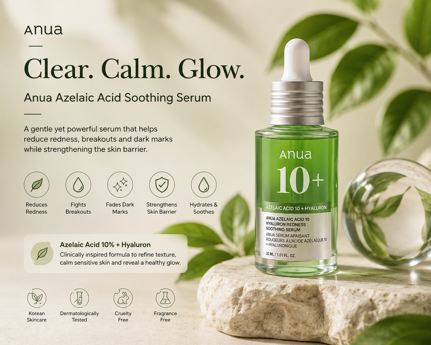 Anua Azelaic Acid Soothing Serum hero image showing Korean skincare treatment for acne, redness relief, hydration and glowing skin at Nuvora Botswana.